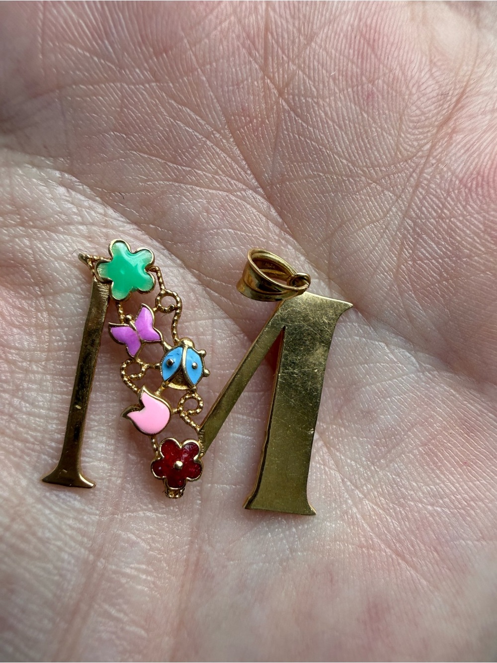 14K Solid Gold Letter M Pendant with Multicolor Flower Accents with enamel